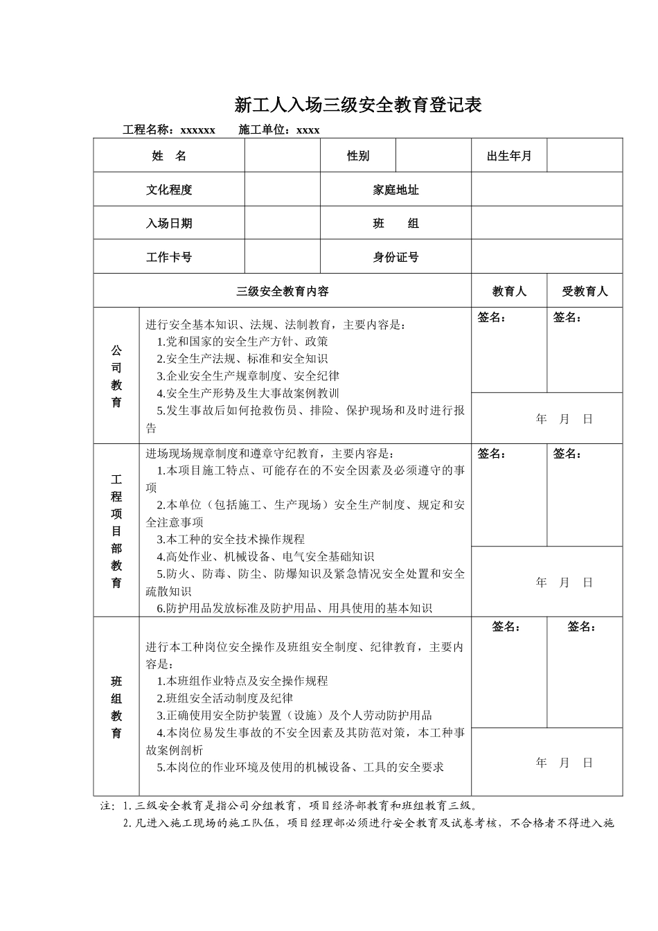 建筑企业三级安全教育记录及表格(全)_第2页