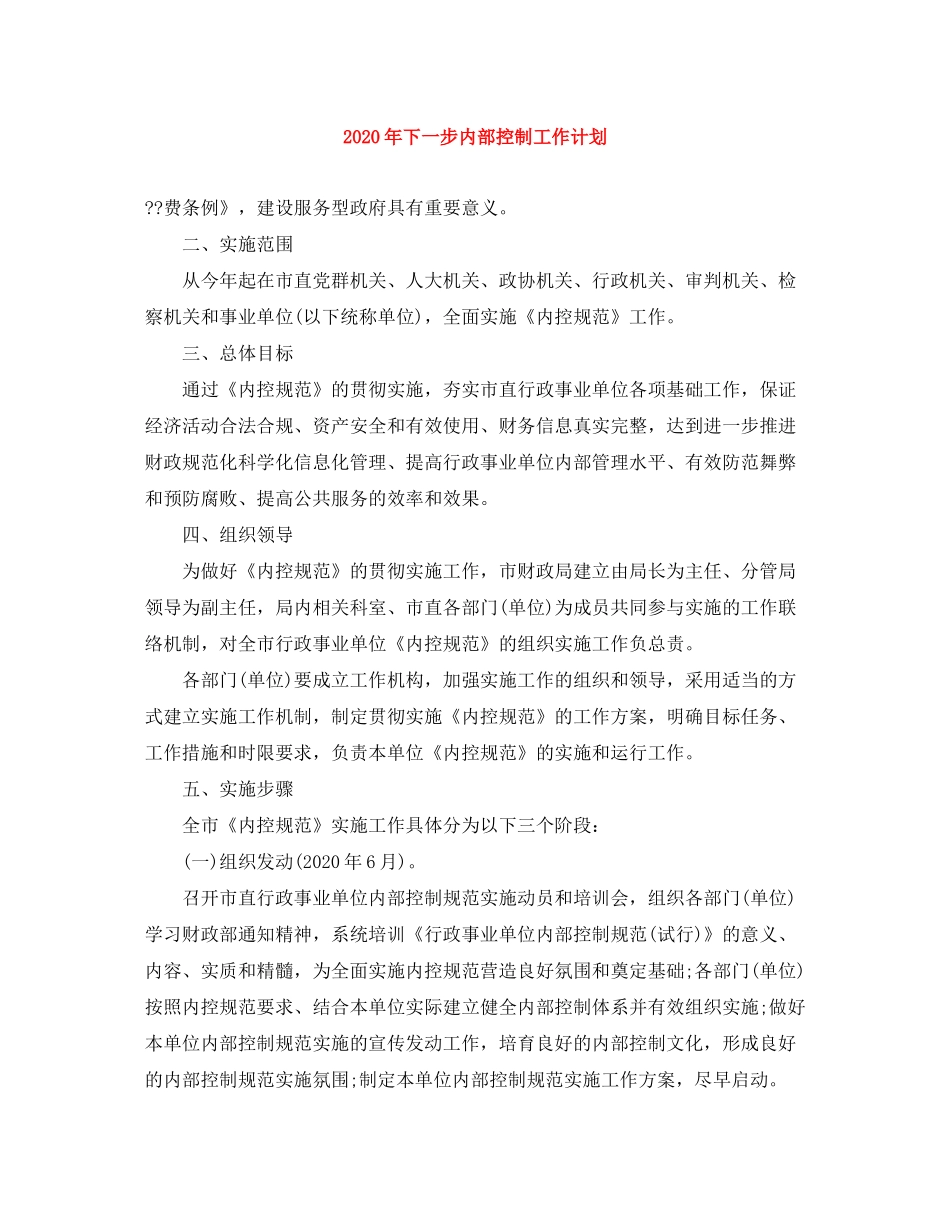 2020年下一步内部控制工作计划_第1页