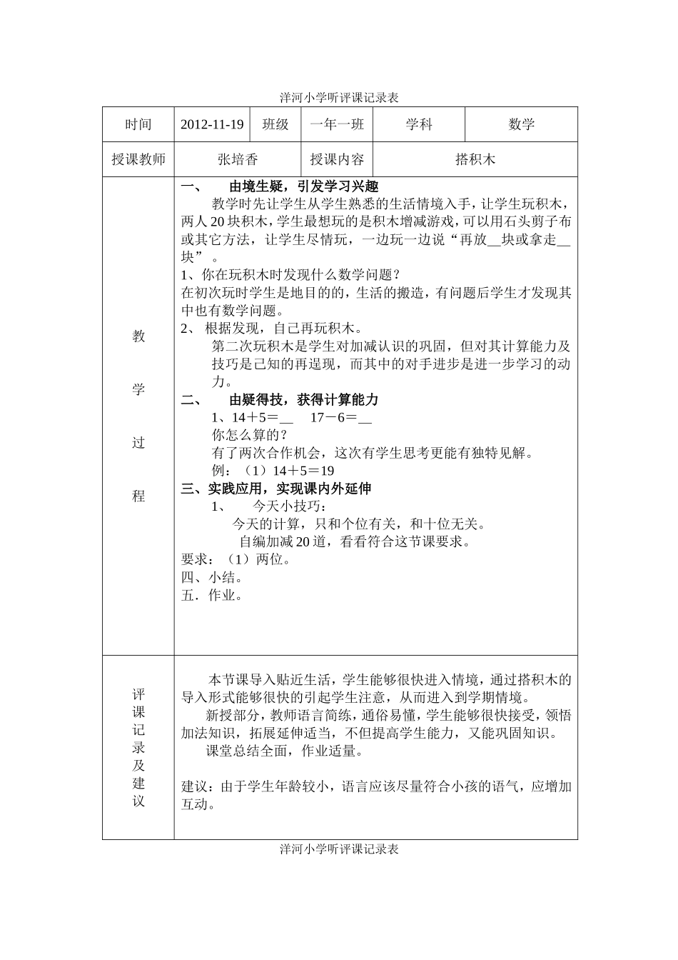 小学听评课记录表_第1页