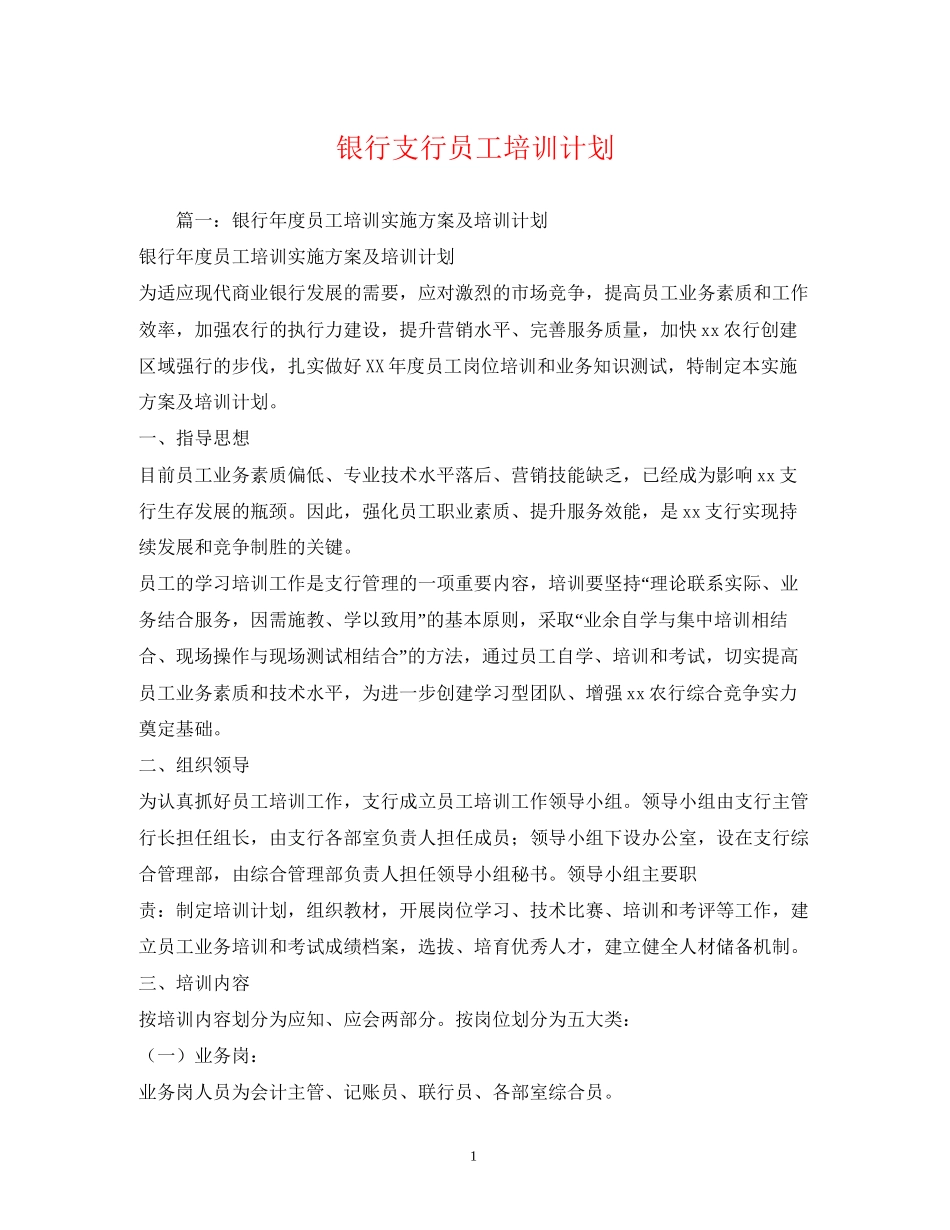 银行支行员工培训计划_第1页