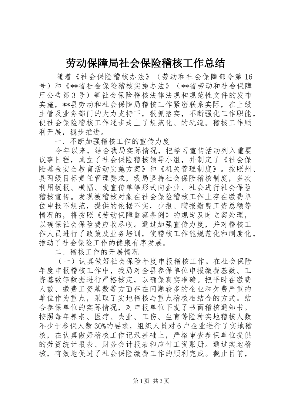 劳动保障局社会保险稽核工作总结 _第1页