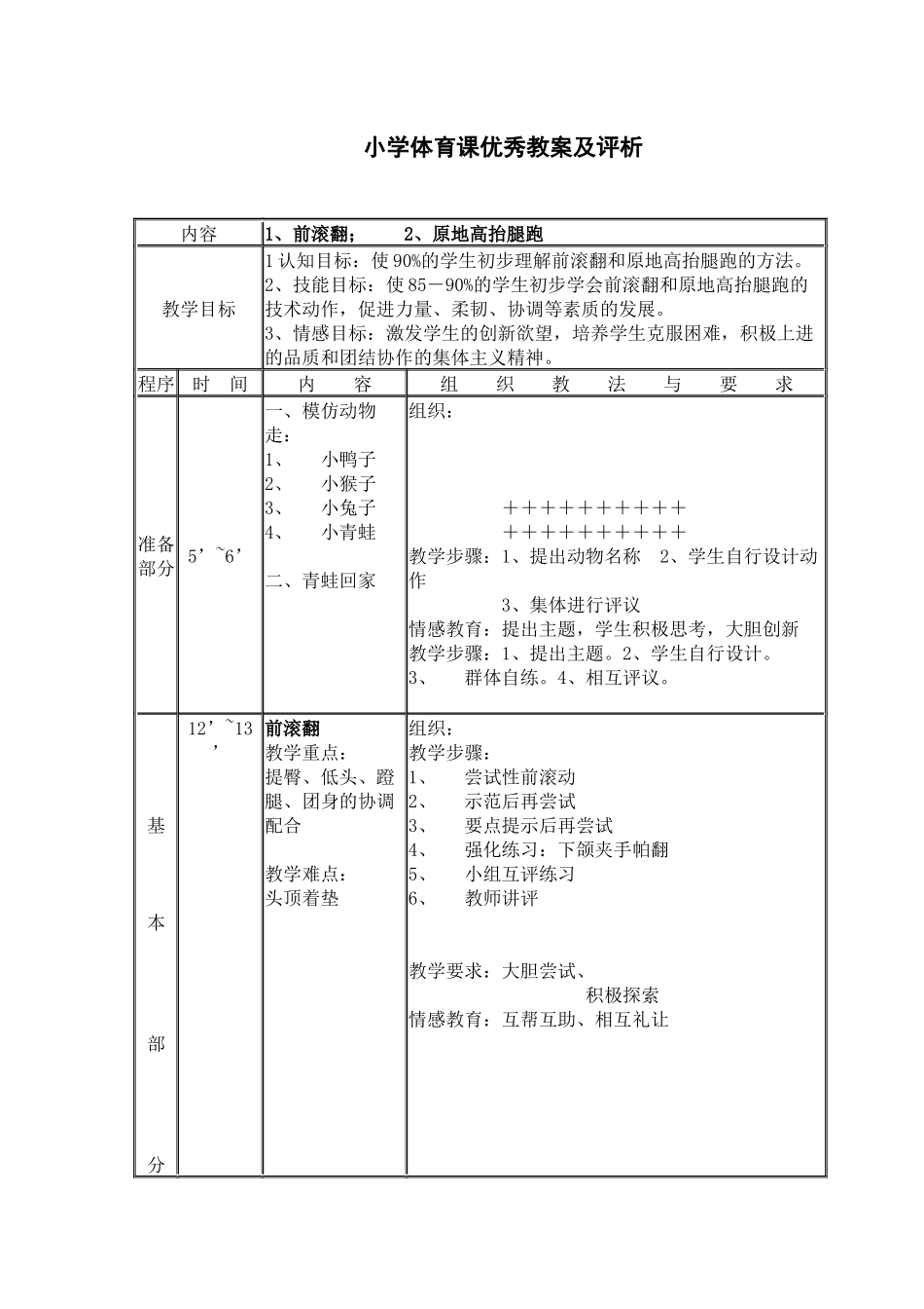 小学体育课优秀教案及评析_第1页
