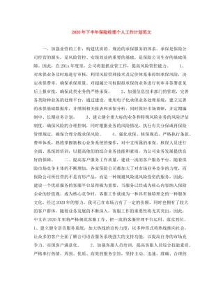 2020年下半年保险经理个人工作计划范文