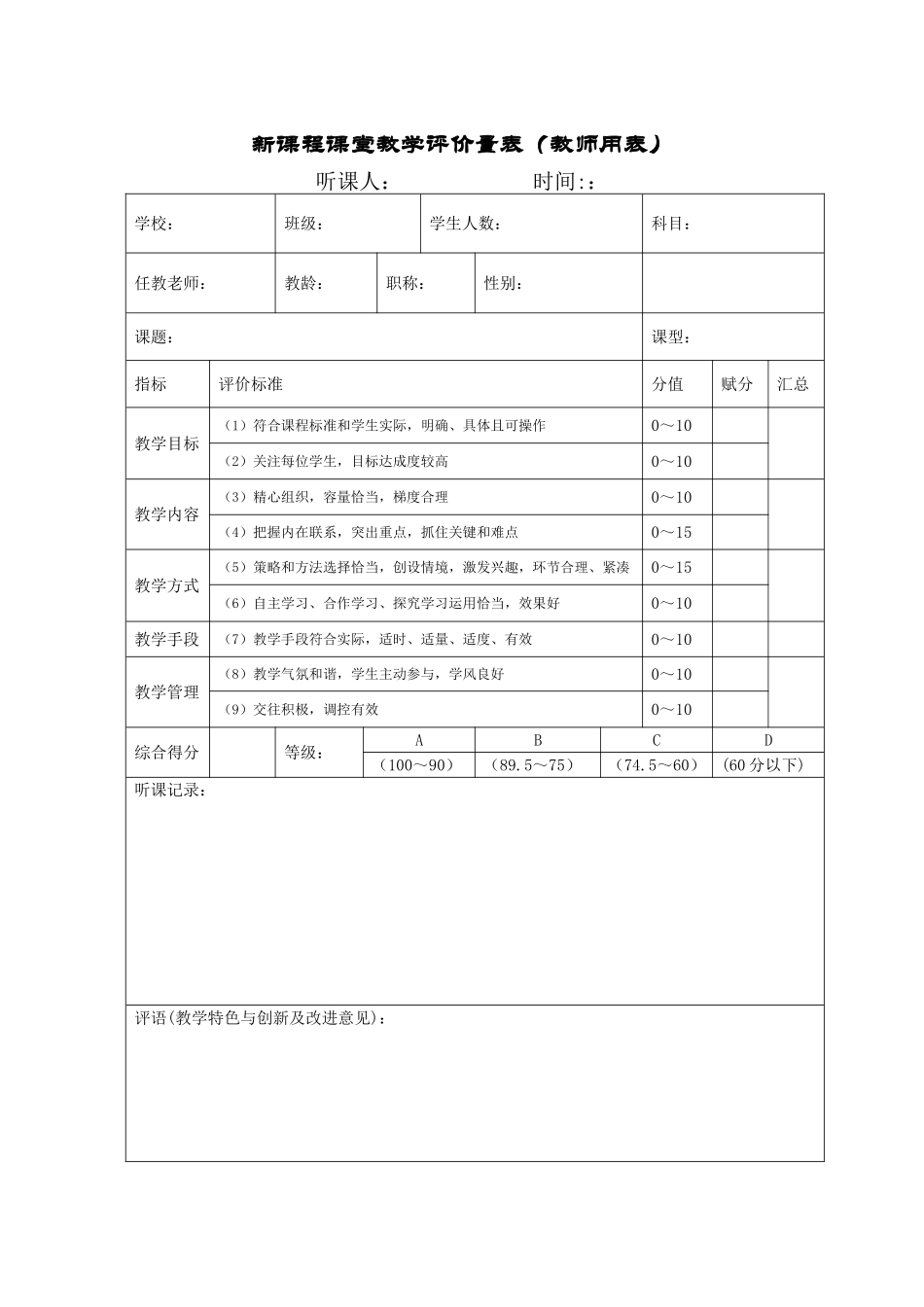 新课程课堂教学评价量表(教师用表)_第1页