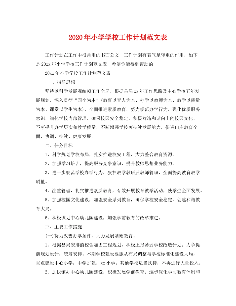 2020年小学学校工作计划范文表_第1页