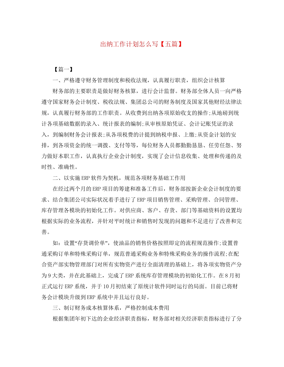 出纳工作计划怎么写【五篇】_第1页