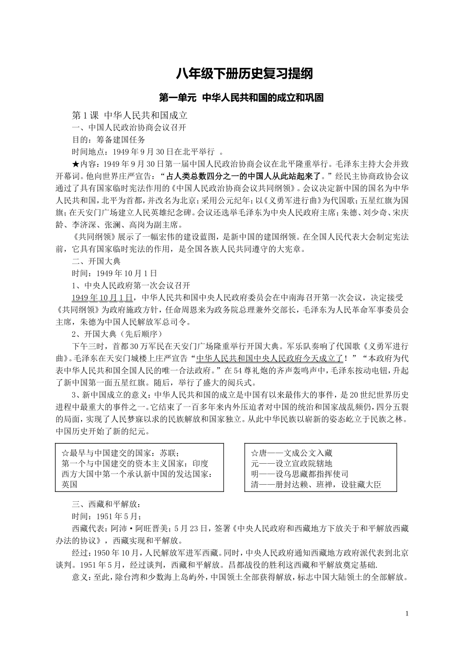 华东版八年级下册历史知识提纲_第1页