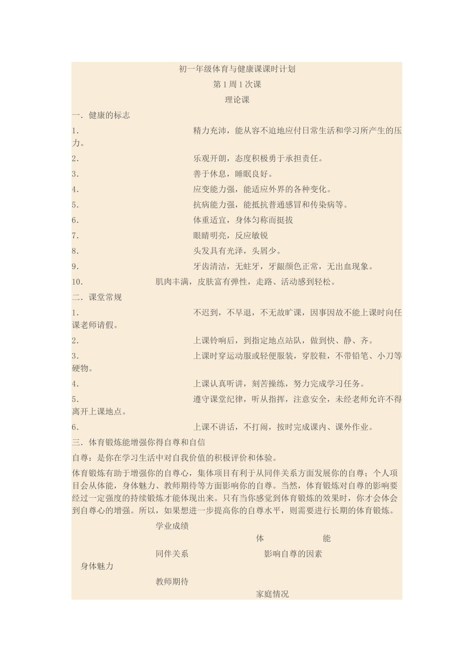 初一年级体育与健康课课时计划_第1页