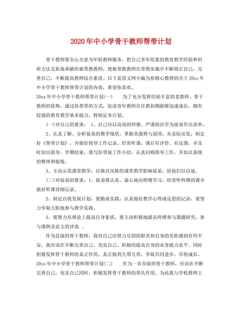 2020年中小学骨干教师帮带计划_第1页