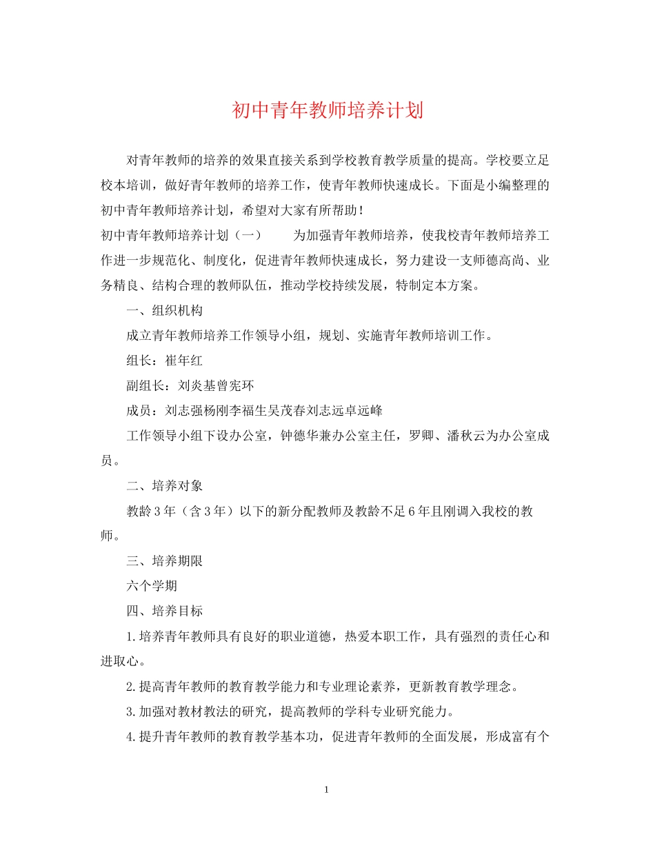 初中青年教师培养计划_第1页