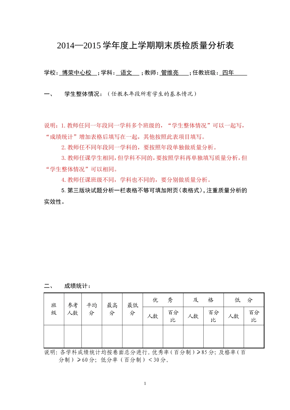表四：小学期末质检学科质量分析样表管语文_第1页