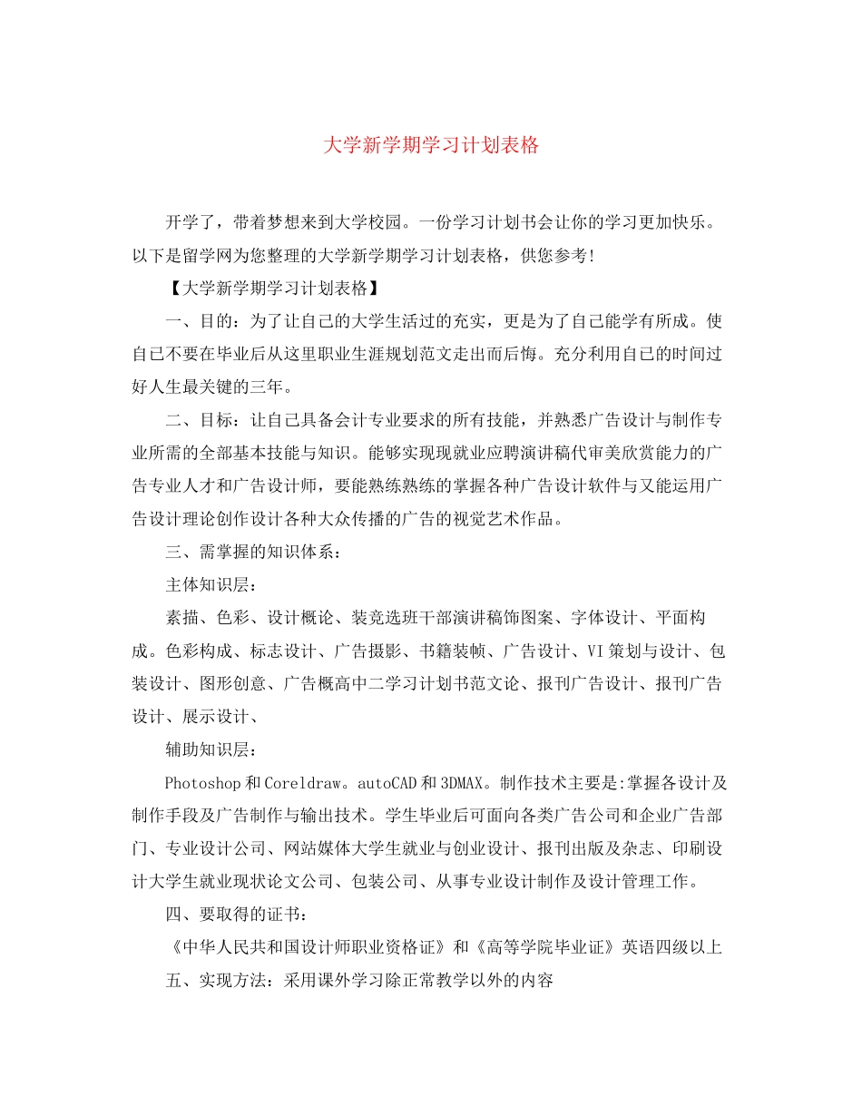 大学新学期学习计划表格_第1页