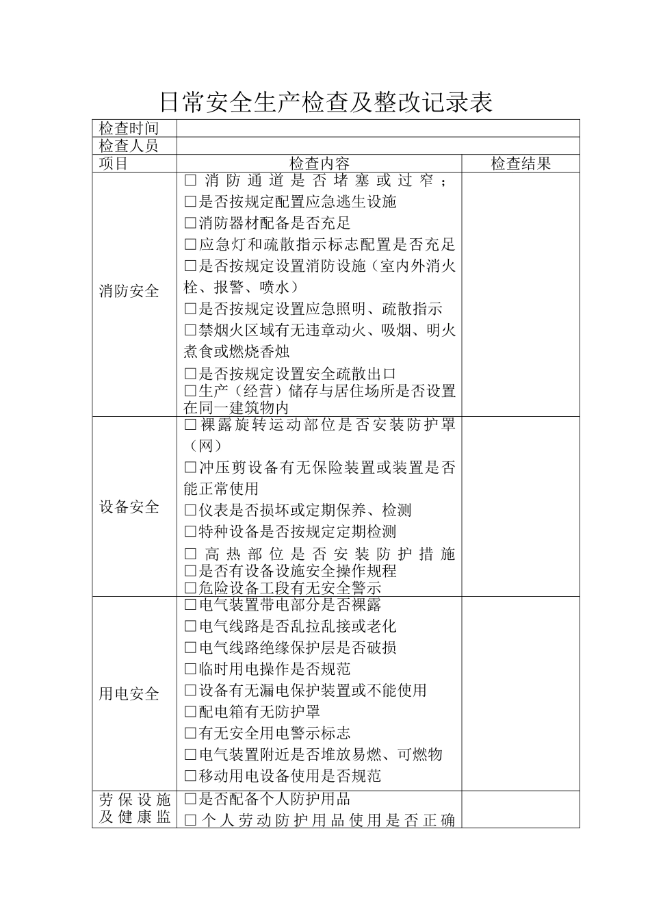 公司企业日常安全生产检查记录表_第1页
