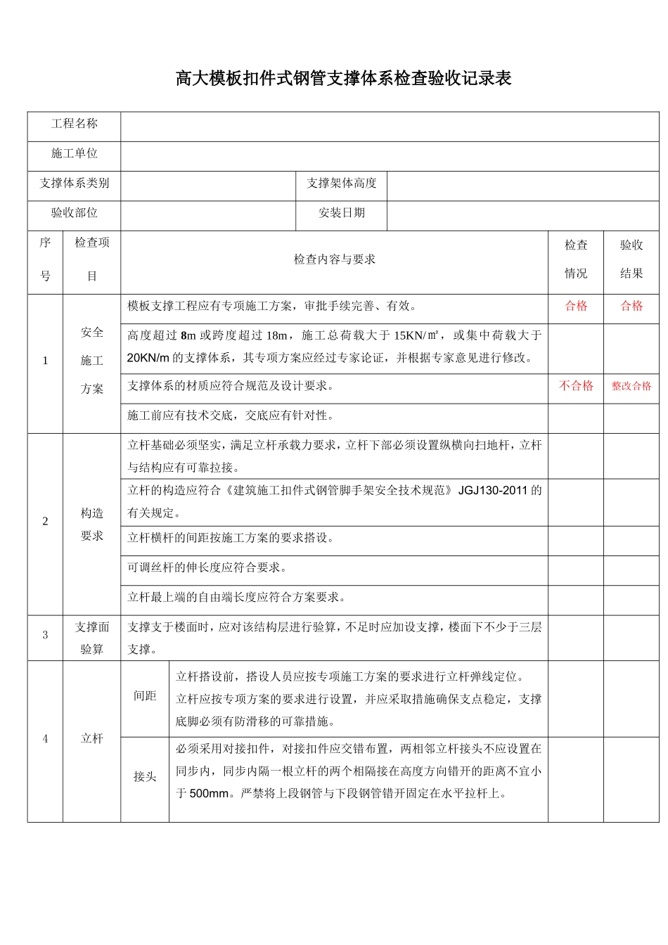 高支模验收记录表_第1页