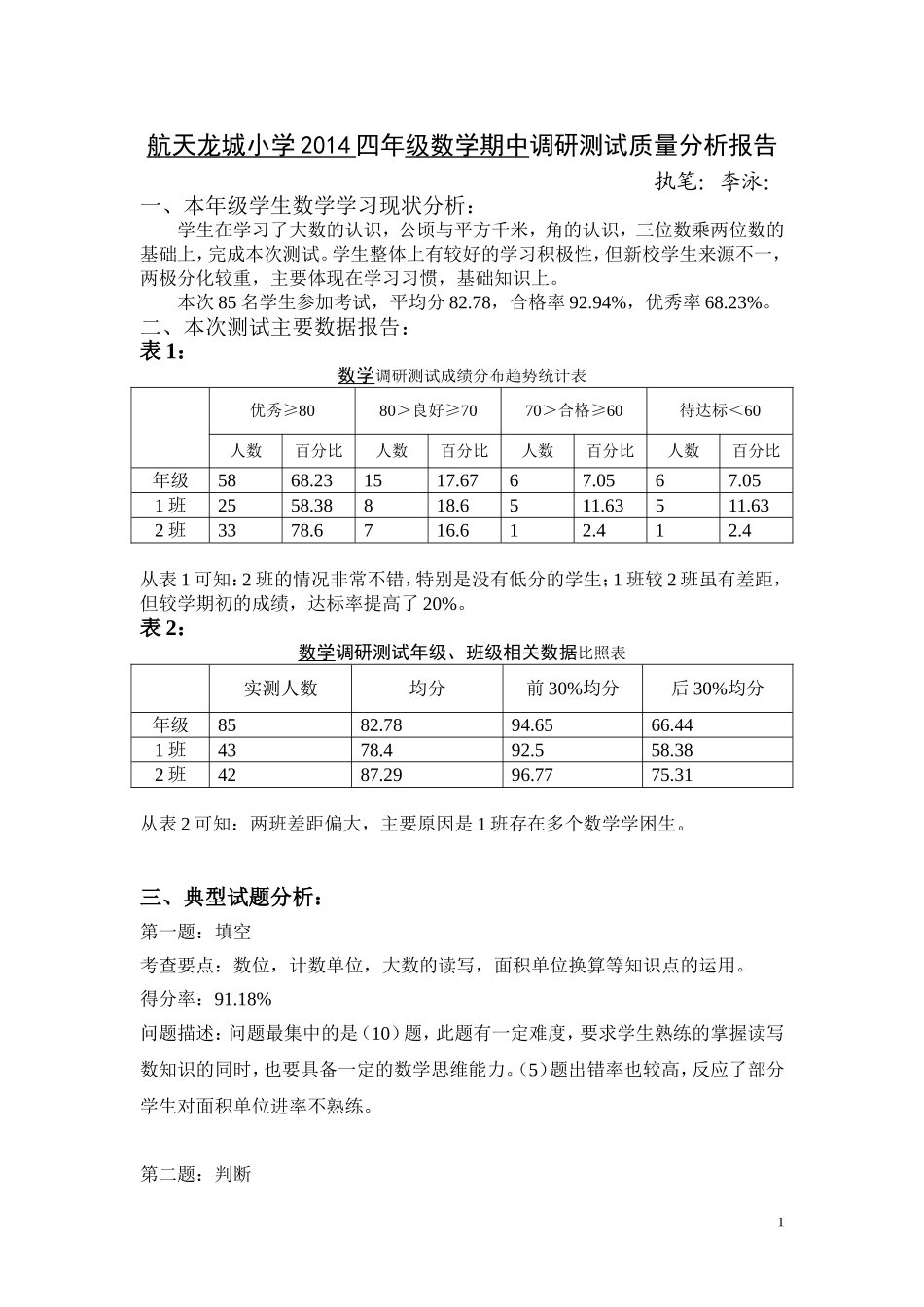 四年级数学期末调研测试质量分析报告_第1页