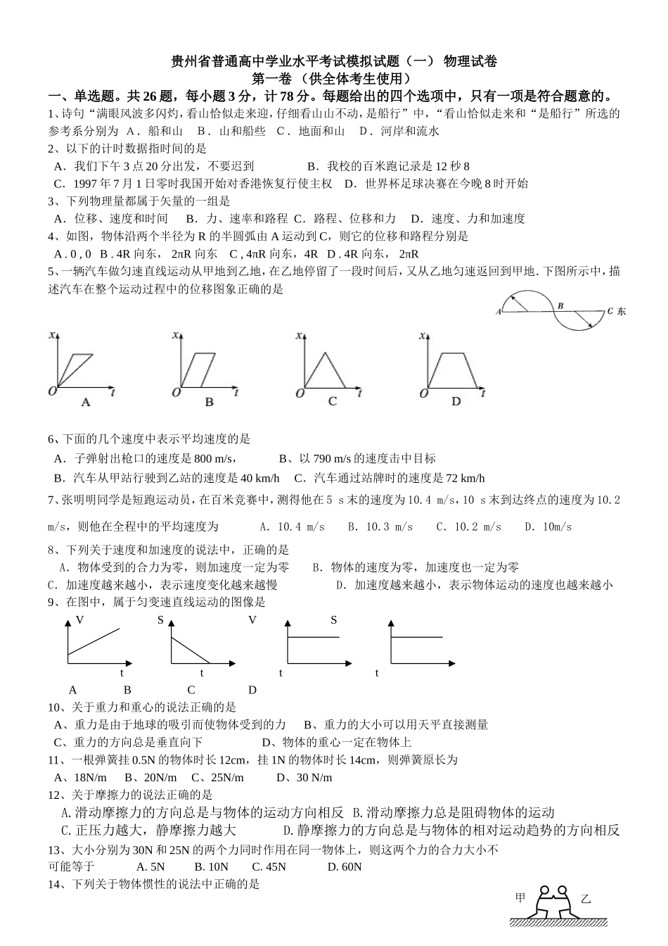 贵州普通高中学业水平考试物理模拟试题_第1页