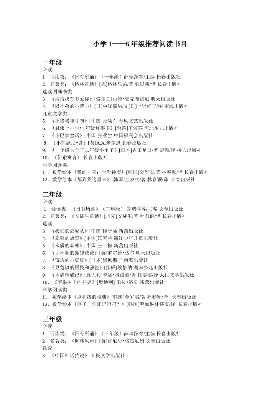 小学1-6年级推荐阅读书目_第1页