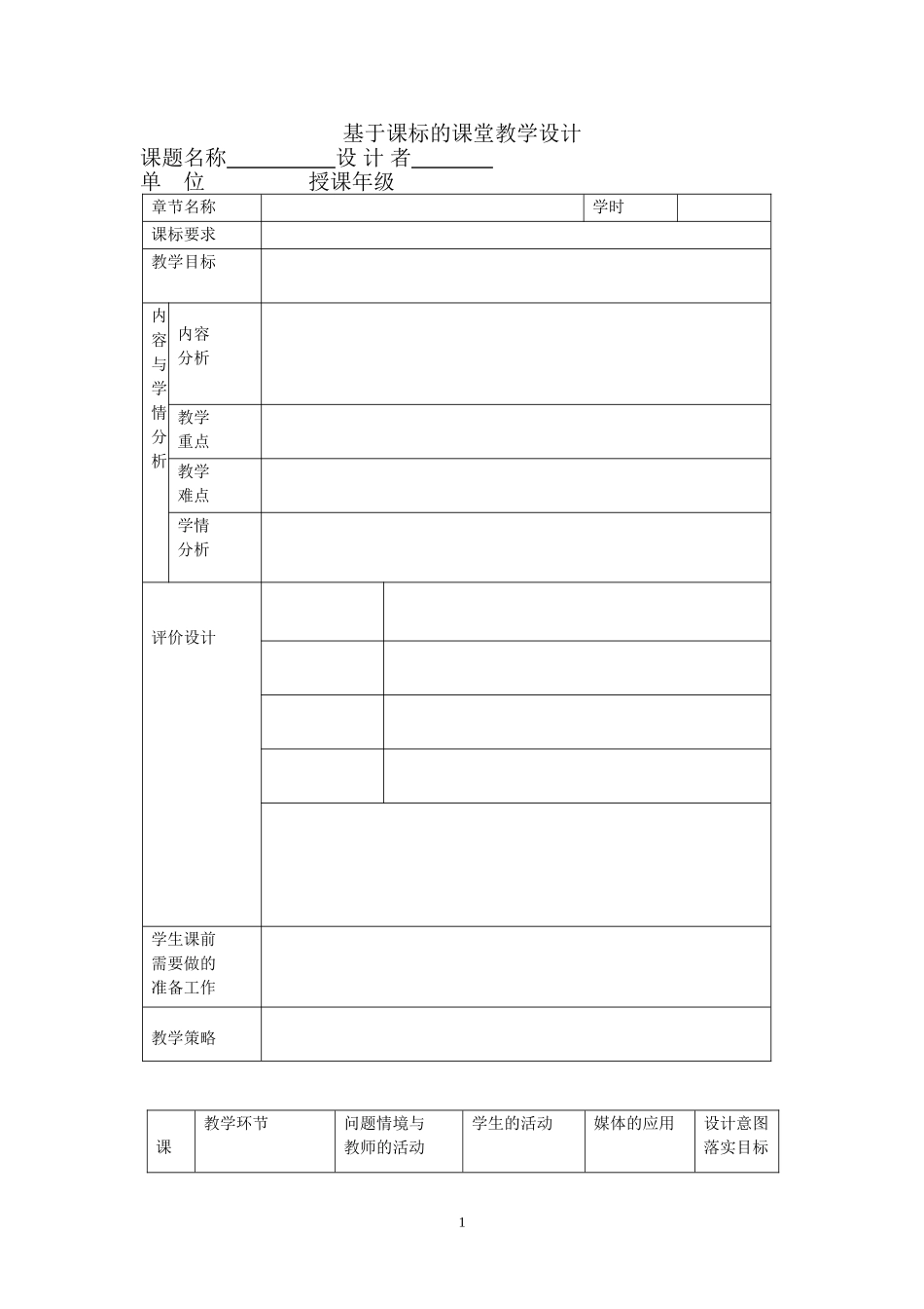 基于课标的课堂教学设计空白表_第1页
