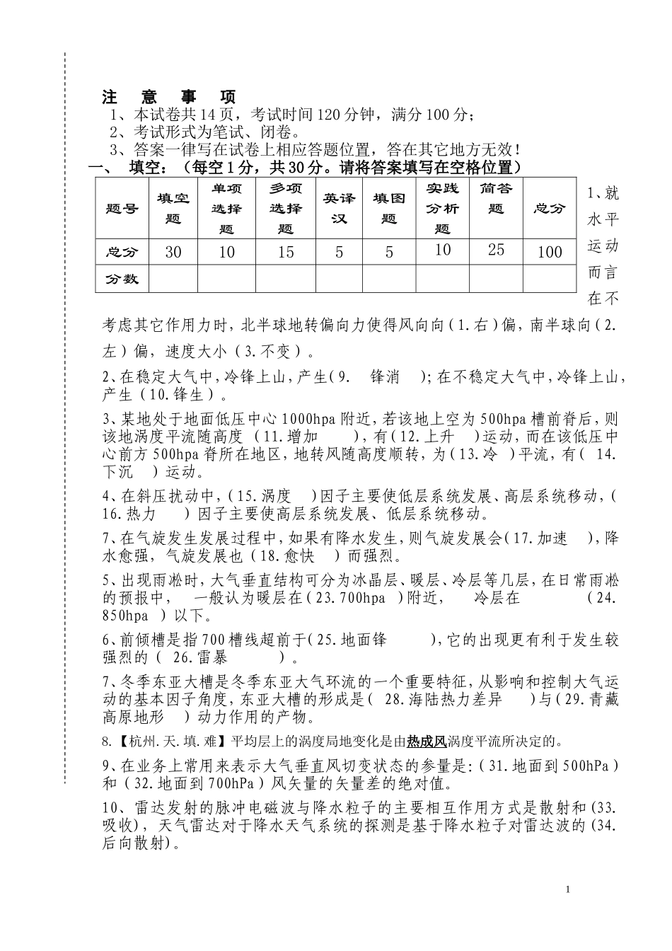 大气科学考试摸底测试卷答案_第1页