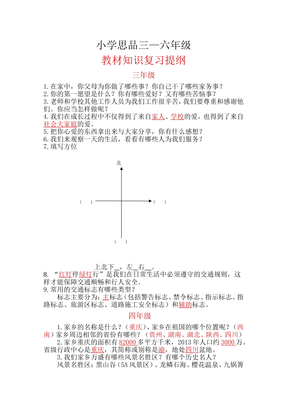 小学思品三—六年级教材知识复习提纲_第1页