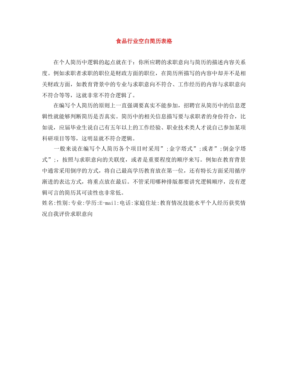 食品行业空白简历表格 _第1页