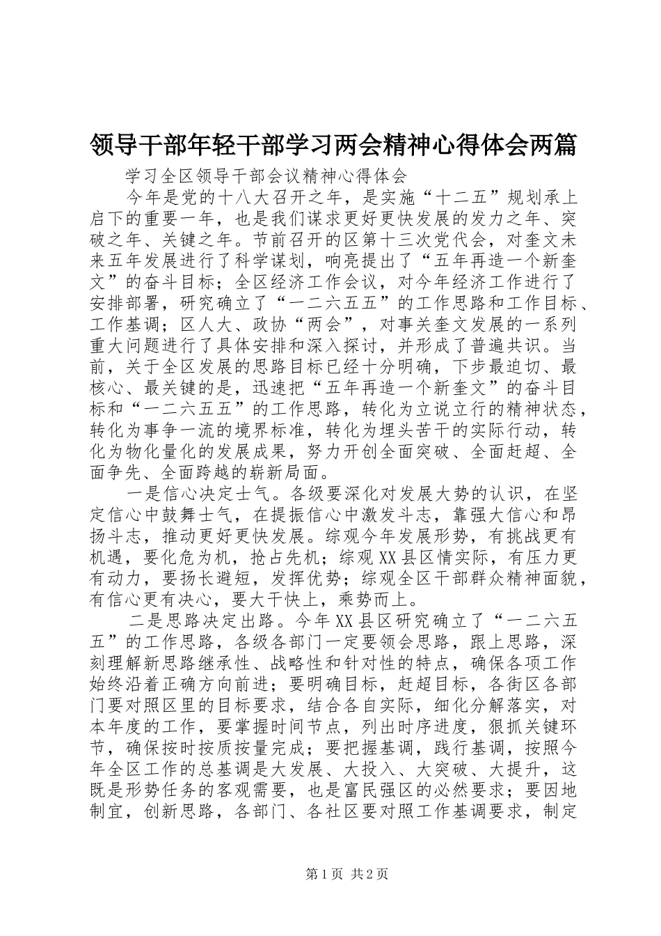 领导干部年轻干部学习两会精神体会心得两篇_第1页