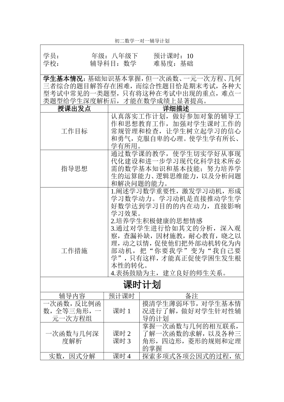 初二数学一对一辅导计划_第1页