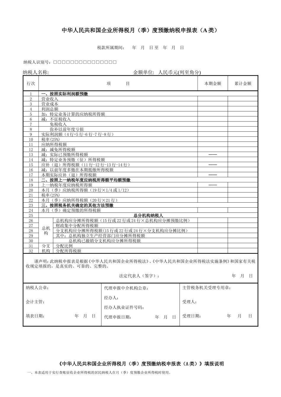 季度企业所得税申报表及填写说明_第1页