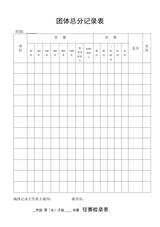 田径运动会各种用表、检录表、统计表