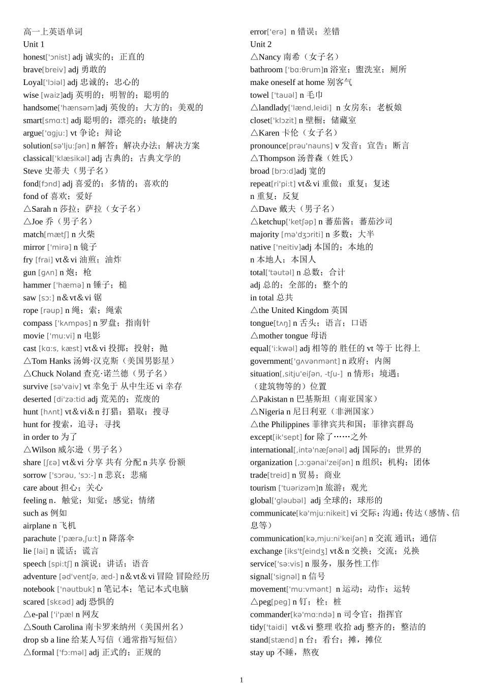 高一英语词汇表(含音标、分单元)_第1页