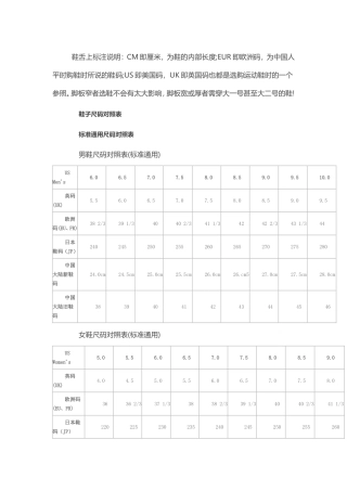 国际鞋尺码对照表