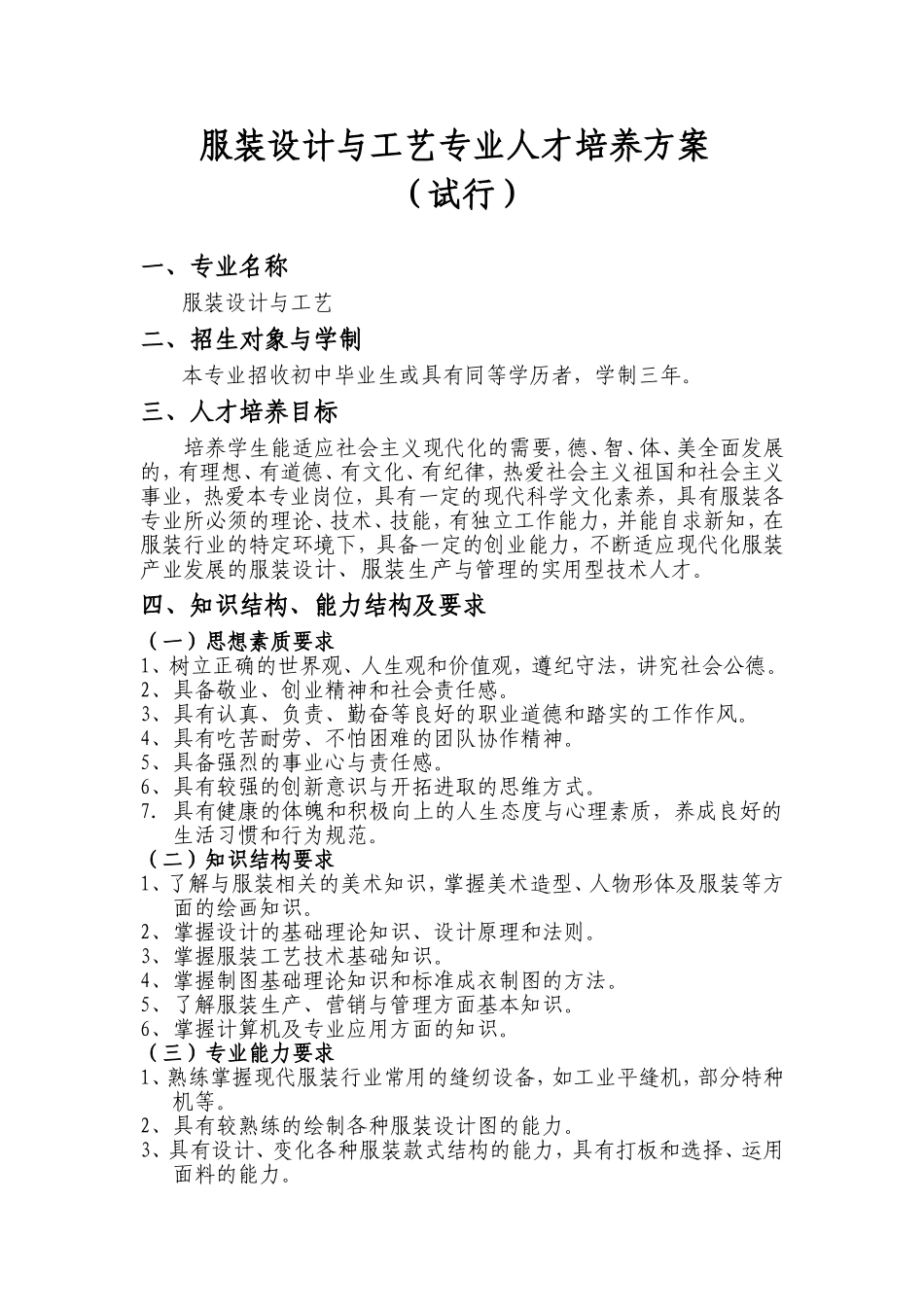 服装设计与工艺专业人才培养方案_第1页