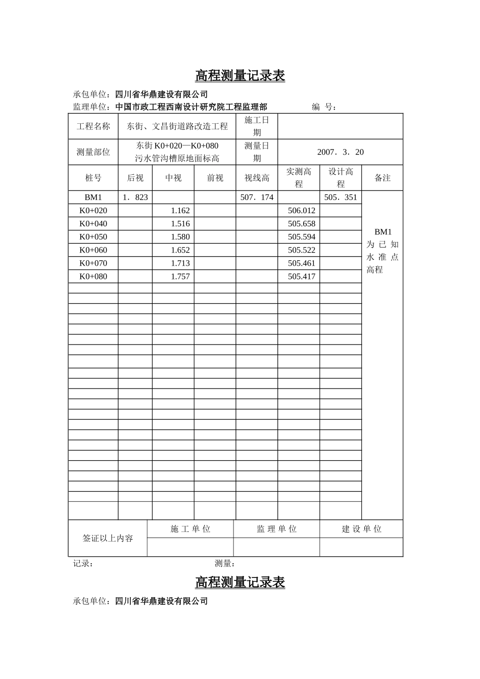 高程测量记录表_第1页