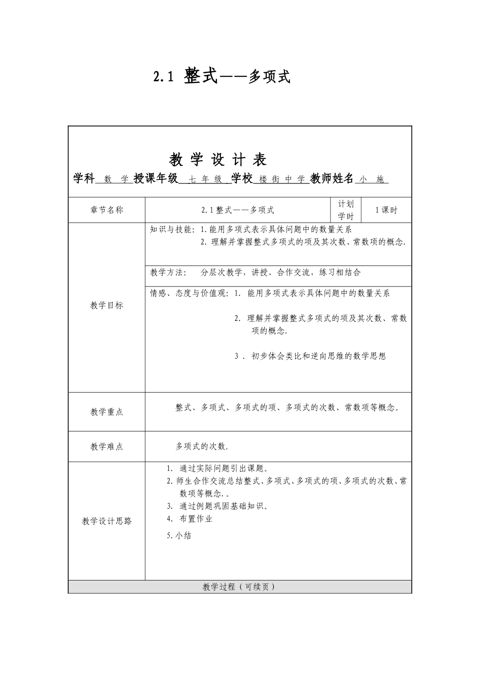 [初一数学]21整式—多项式的教学设计_第1页