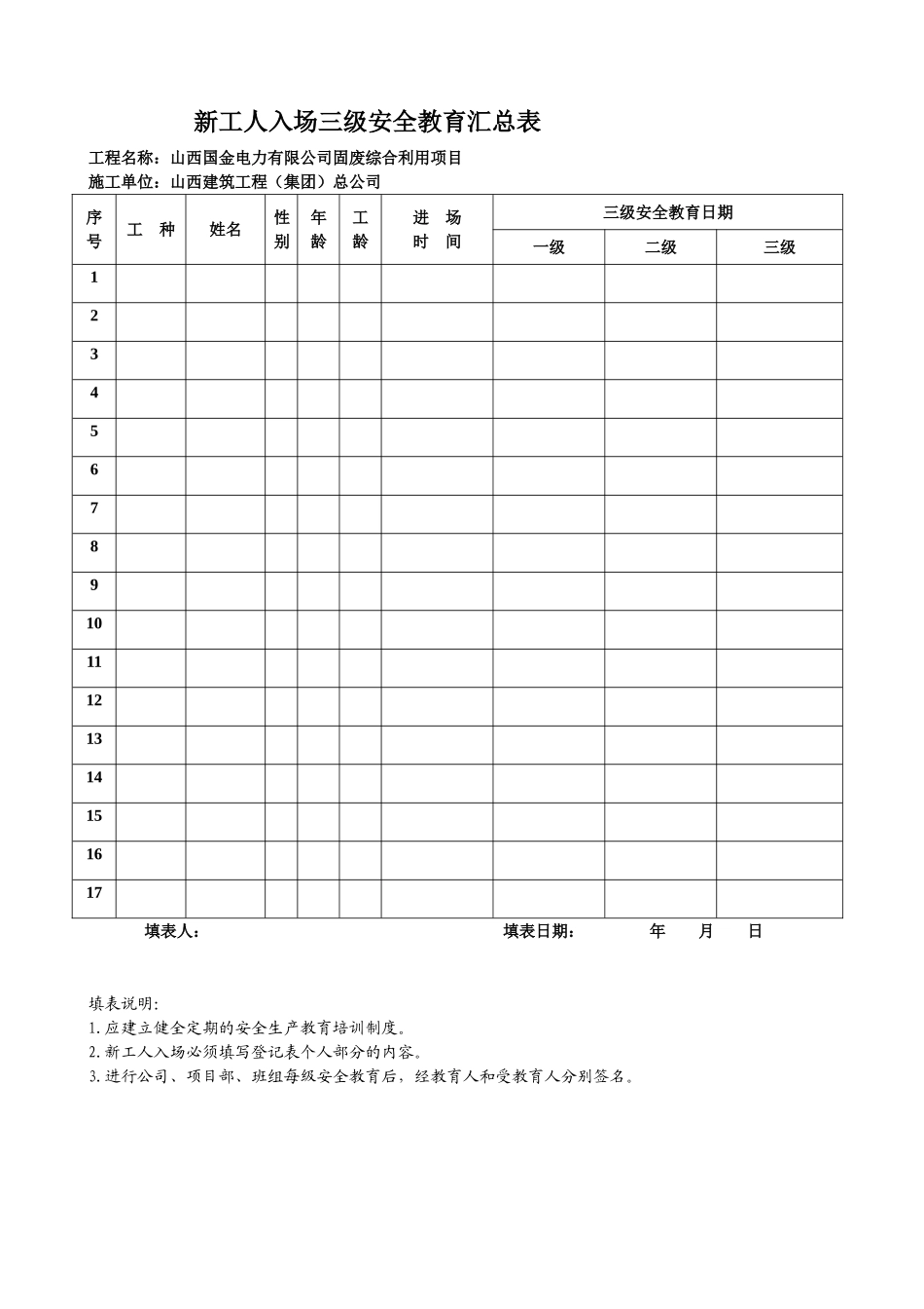 建筑三级安全教育表格_第1页