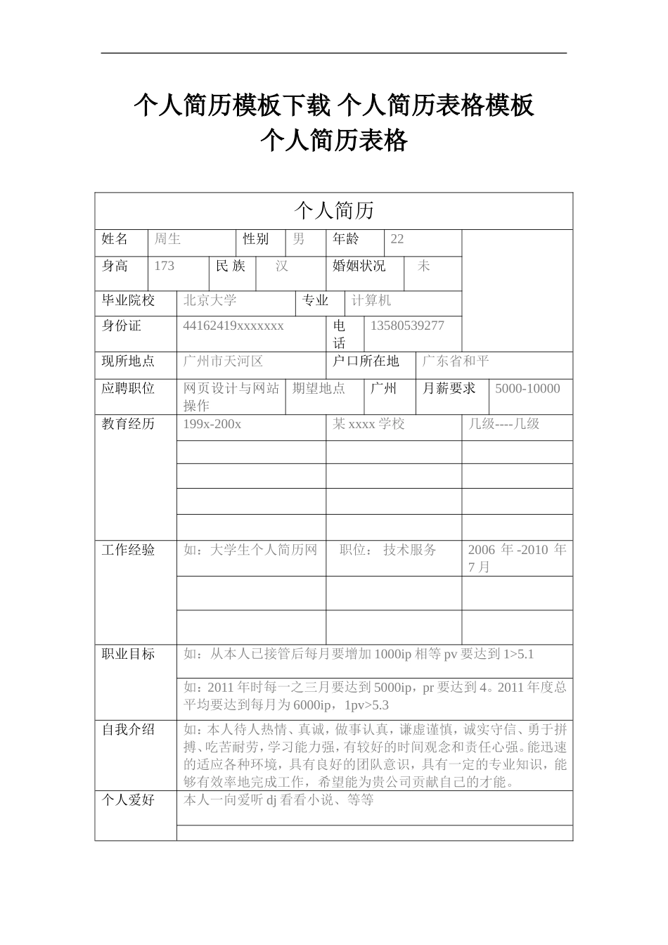 大学生个人简历模板、个人简历表格模板_第1页