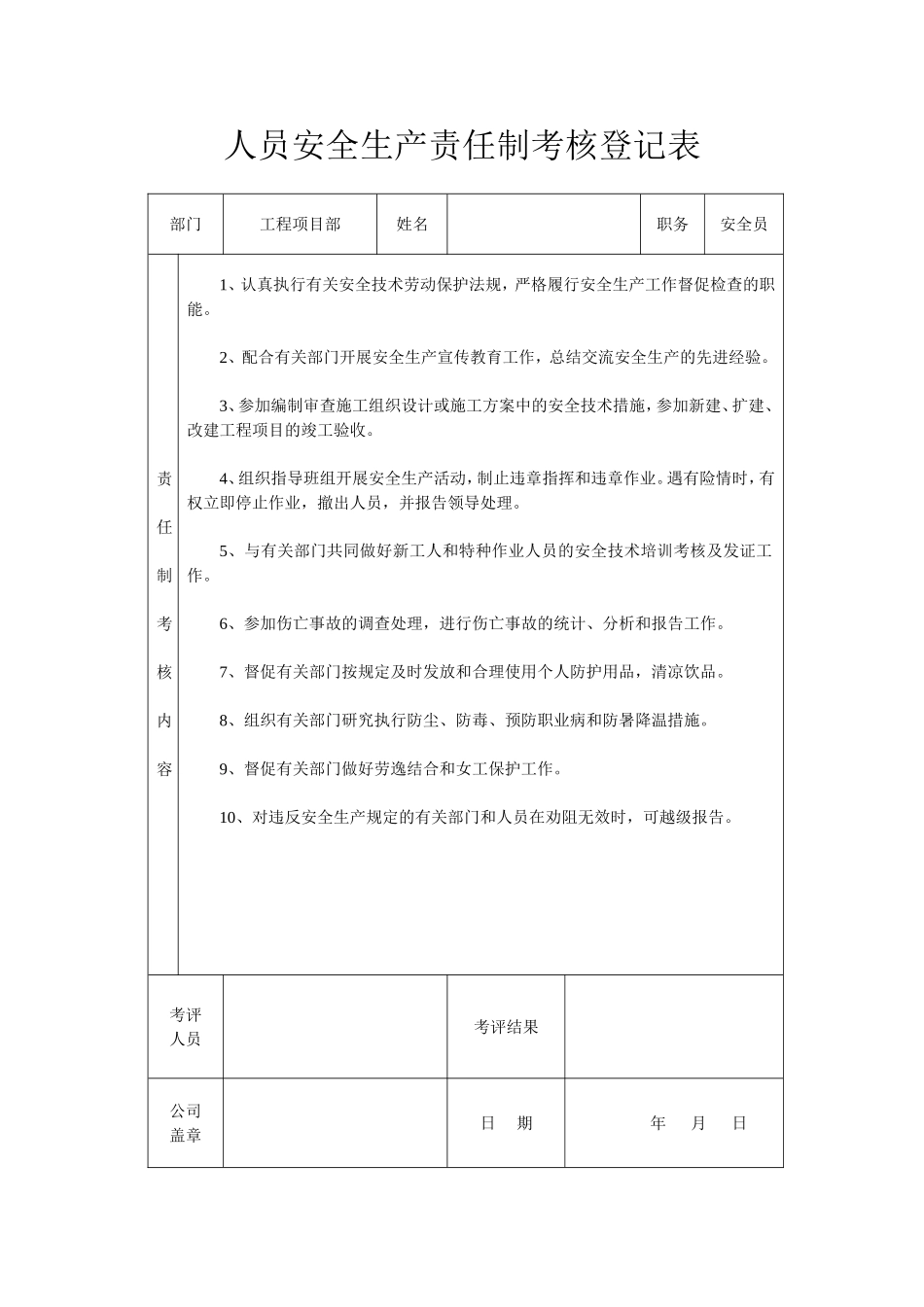 建筑工地项目部各级人员安全生产责任制考核表_第1页