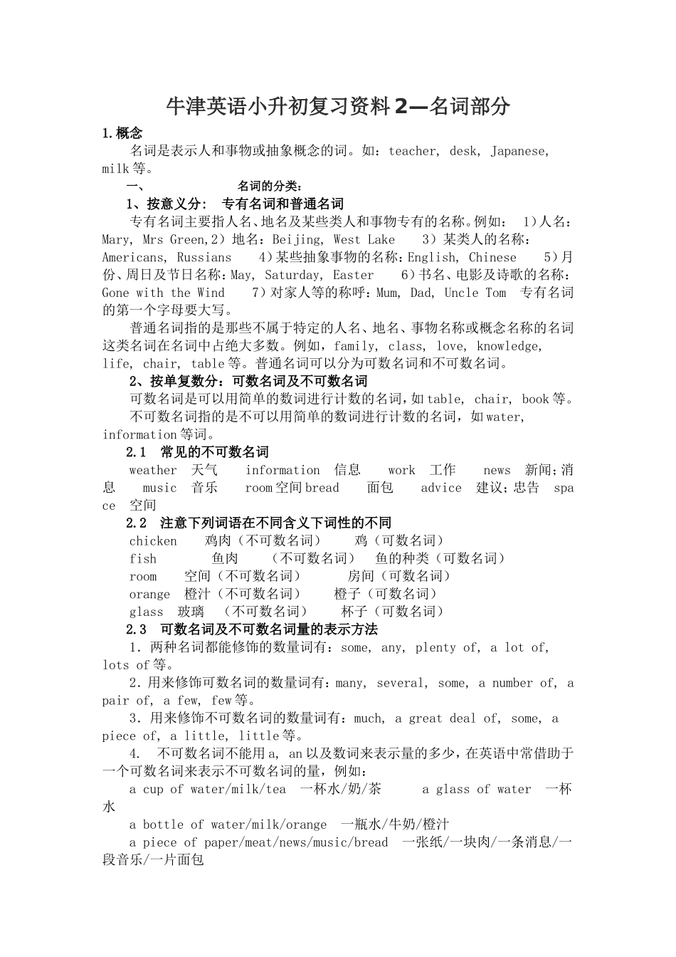 牛津英语小升初复习资料2—名词部分_第1页