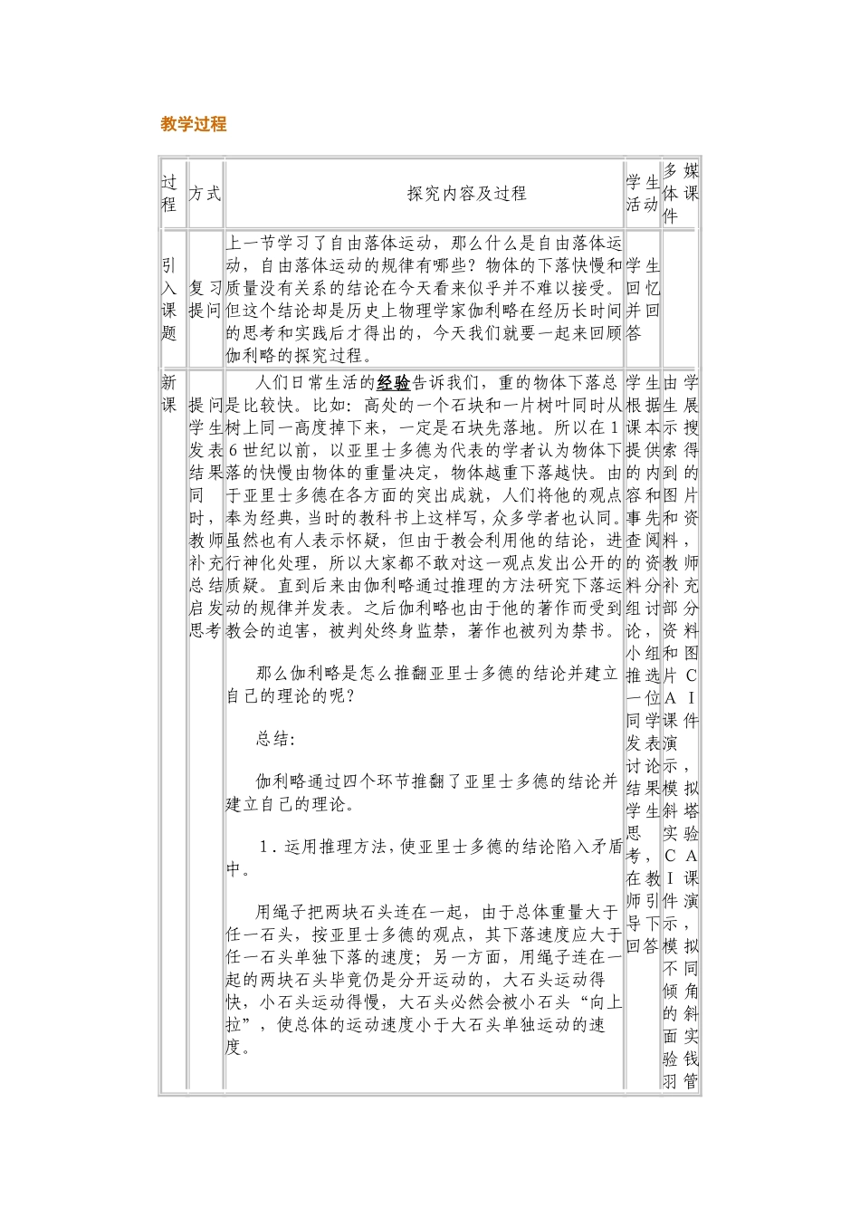 《伽利略对自由落体运动的研究》教学设计_第2页