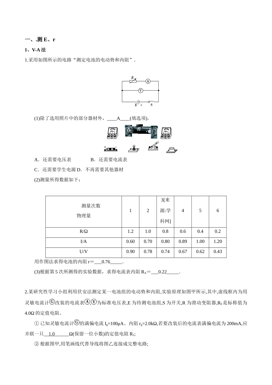 测量电源电动势内阻、半偏法、等效法测电表内阻_第1页