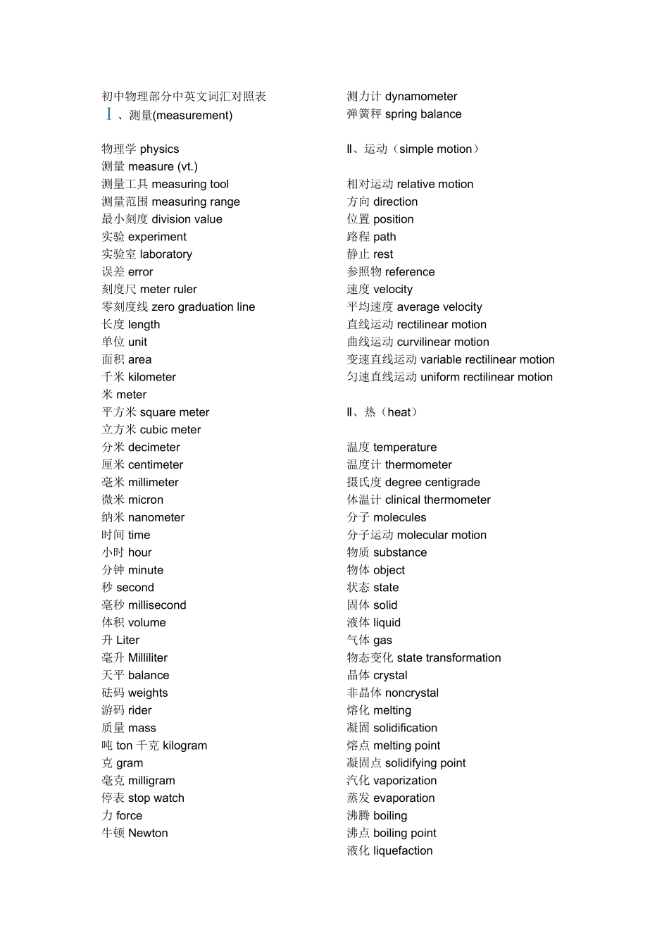 初中物理部分中英文词汇对照表_第1页