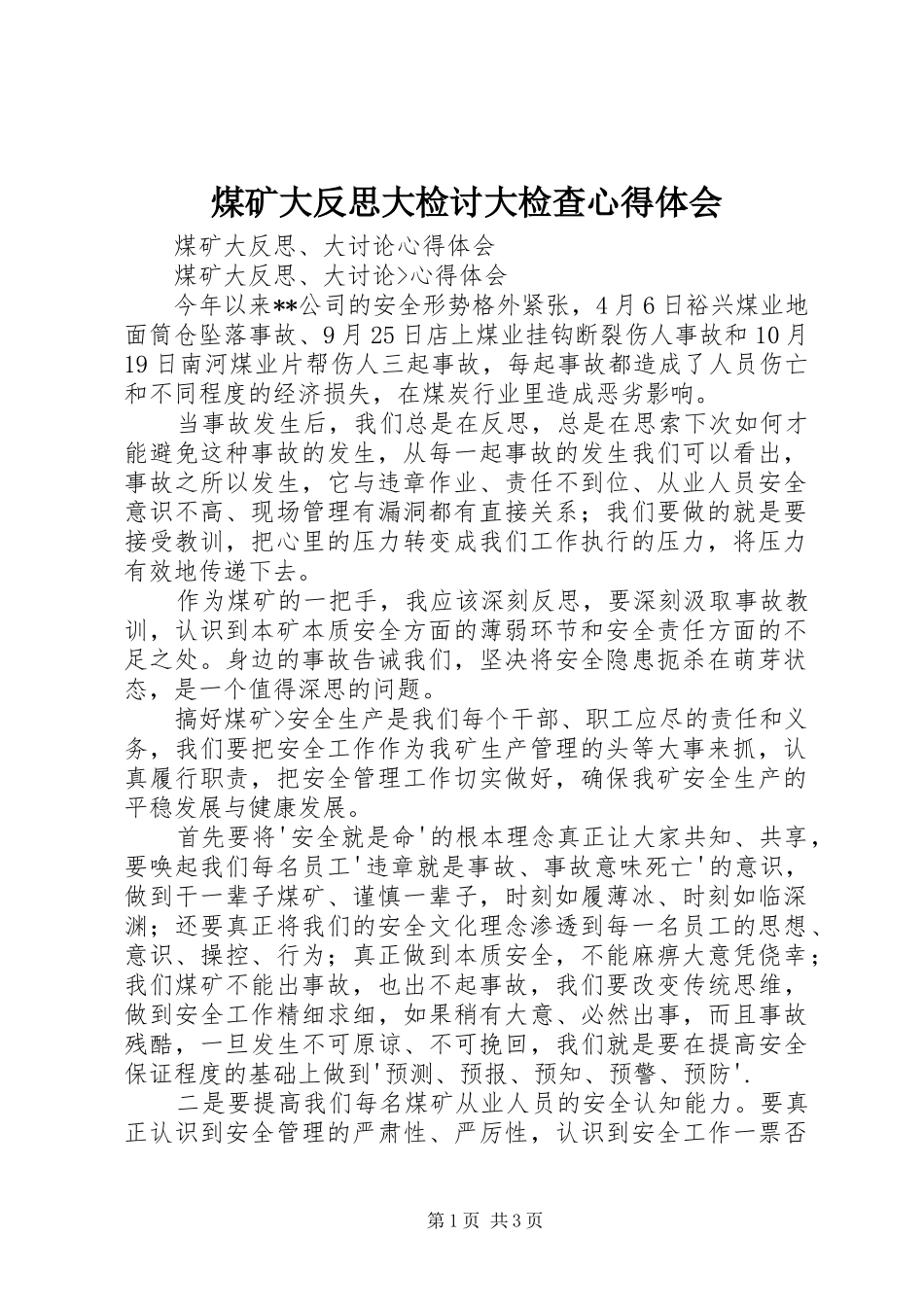 煤矿大反思大检讨大检查体会心得_第1页