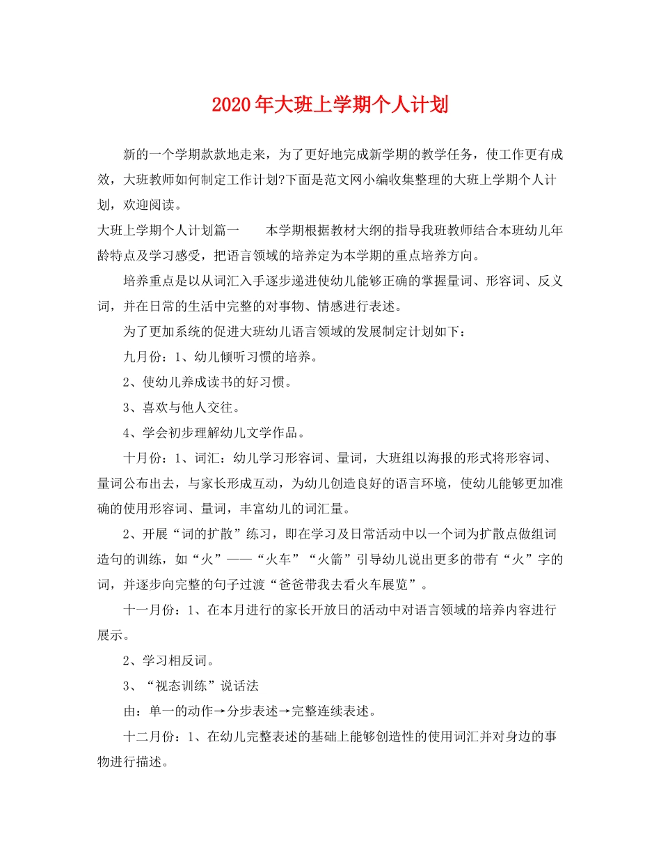 2020年大班上学期个人计划_第1页
