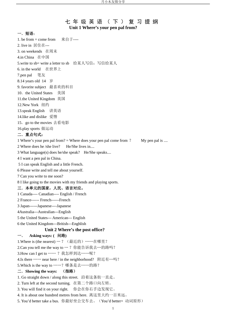 人教版新目标七年级英语下册英语复习提纲_第1页