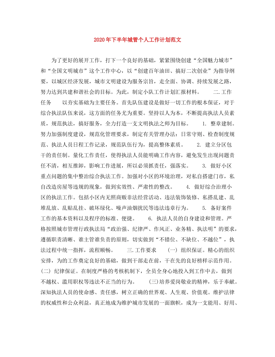 2020年下半年城管个人工作计划范文_第1页