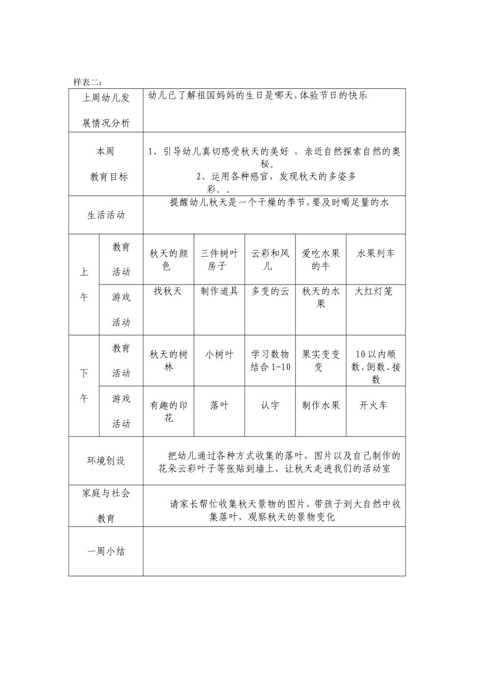 幼儿园一日活动周计划样表_第2页