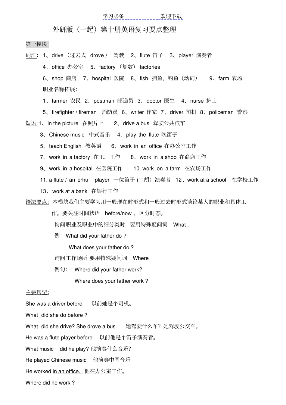 一年级起点新版外研社小学英语五年级下册MM10知识点汇总_第1页