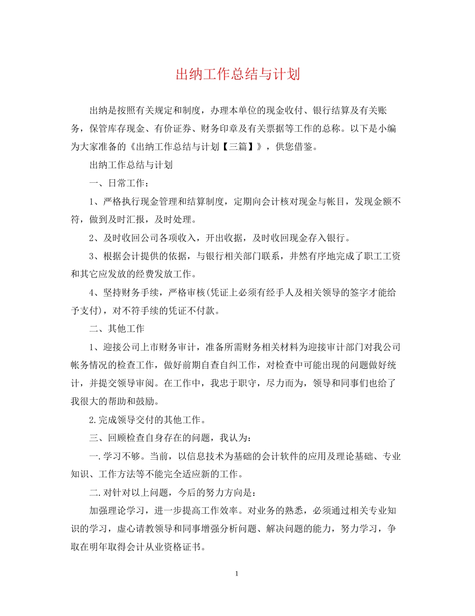 出纳工作总结与计划22_第1页