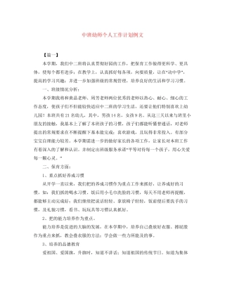中班幼师个人工作计划例文