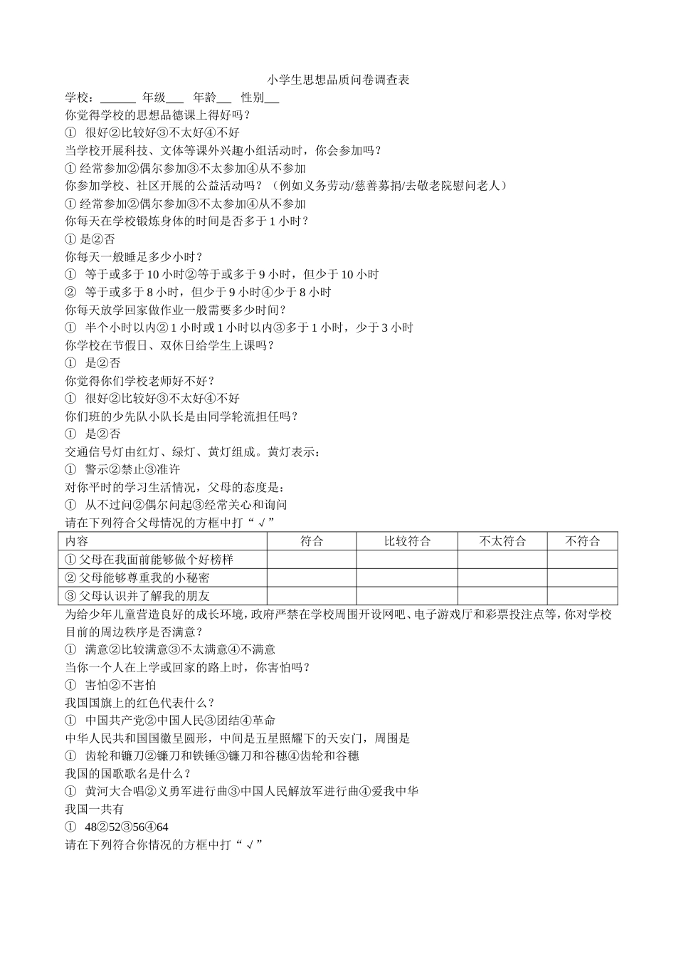 小学生思想品质问卷调查表_第1页